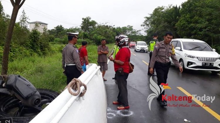 Berita Pulang Pisau terbaru, kecelakaan: Polisi tengah melakukan olah TKP tabrakan maut di Jalan Trans Kalimantan yang menewaskan 4 Pesepeda motor. Foto : IST