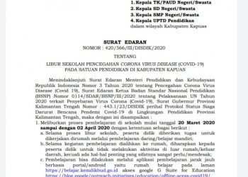 Surat Ederan Bupati Kapuas terkait proses belajar mengajar di liburkan dari tingkat PAUD,TK,SD dan SMP.