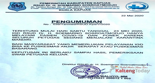 Dua Dokter Positif Covid-19, Layanan IGD RSUD Kapuas Terhambat