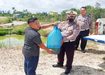 Dukung Ketahanan Pangan, Satlantas Polres Gumas Tabur 1.500 Benih Ikan