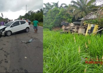 Adu Kuat Truk Dan Mobil, Truk Terguling masuk Selokan