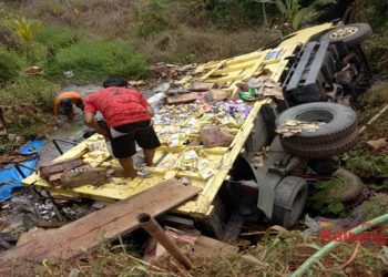 Truck Asal Kalsel Terguling di Jalan Tjilik Riwut Km 54 Cempaga Hulu Kotim