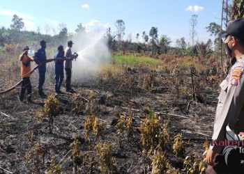 Dinginkan Lahan Bekas Kebakaran, Pospol Danau Seluluk Gandeng BPBD.