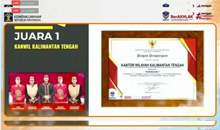 Kanwil Kumham Kalteng Raih Penghargaan Terbaik I Pelaporan E-LHKASN Tahun 2020