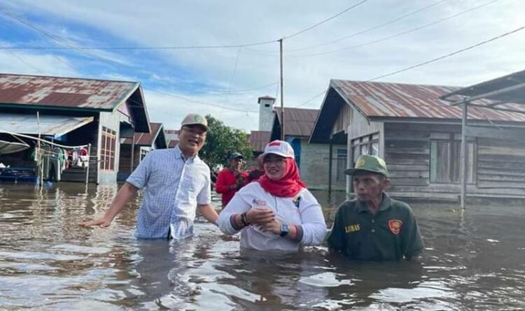 Wakil Bupati Kotim Irawati saat meninjau salah satu desa yang terdampak banjir di wilayah utara kabupaten tersebut, Minggu (11/9/2022)