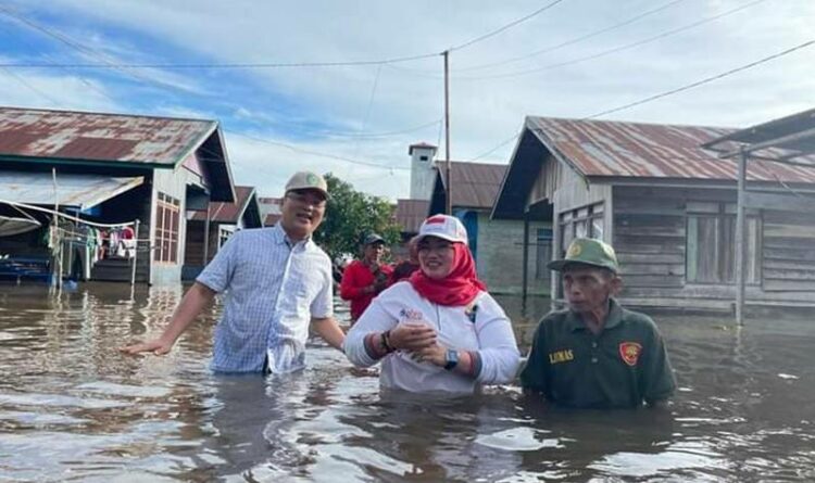 Wakil Bupati Kotim, Irawati ketika meninjau salah satu desa yang dilanda banjir belum lama ini Area lampiran