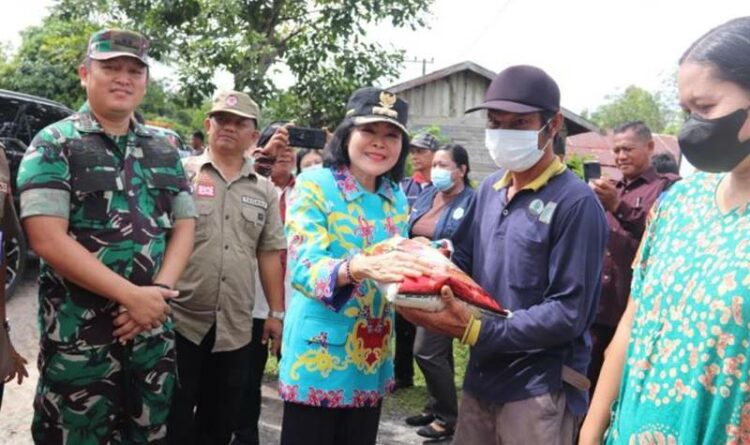 Bupati Pulang Pisau Pudjirustaty Narang memberikan bantuan sembako kepada salah satu masyarakat terdampak banjir di Tanjung Taruna, Kamis (27/10/2022)