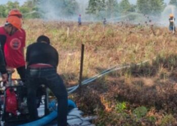 Petugas melakukan pemadaman di lahan yang terbakar