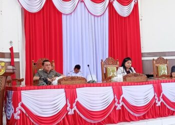 RAPAT PARIPURNA : Pimpinan Rapat Neni Yuliani, Binartha, Pj Sekda Richard, Sekwan Untung saat memipin rapat paripurna di gedung dewan setempat, Rabu (5/7).