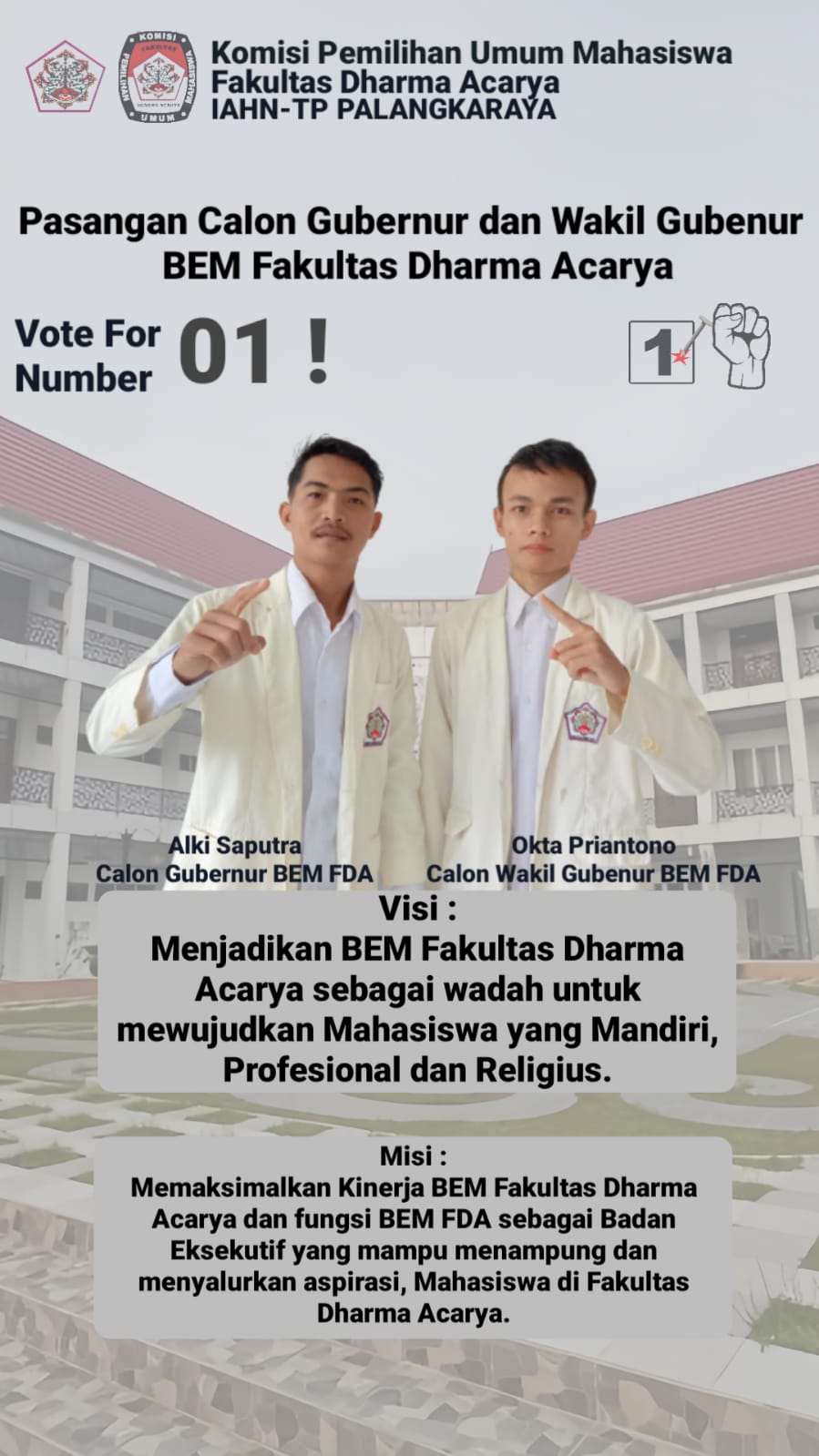 Alki Saputra dan Okta Priantono Maju Pemilihan Calon Gubernur dan Wakil Gubernur BEM FDA IAHN - TP Palangka Raya