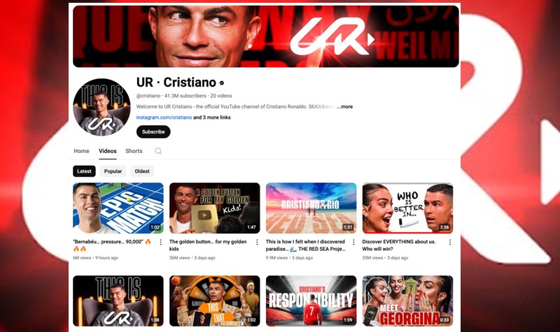 Rekor! Youtube Cristiano Ronaldo Raih 20 Juta Subscriber dalam Waktu 24 Jam, Auto Diamond Play Button