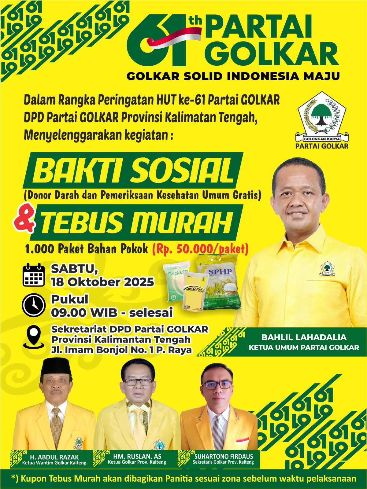 Sambut HUT ke-61, Golkar Kalteng Gelar Tebus Murah dan Donor Darah