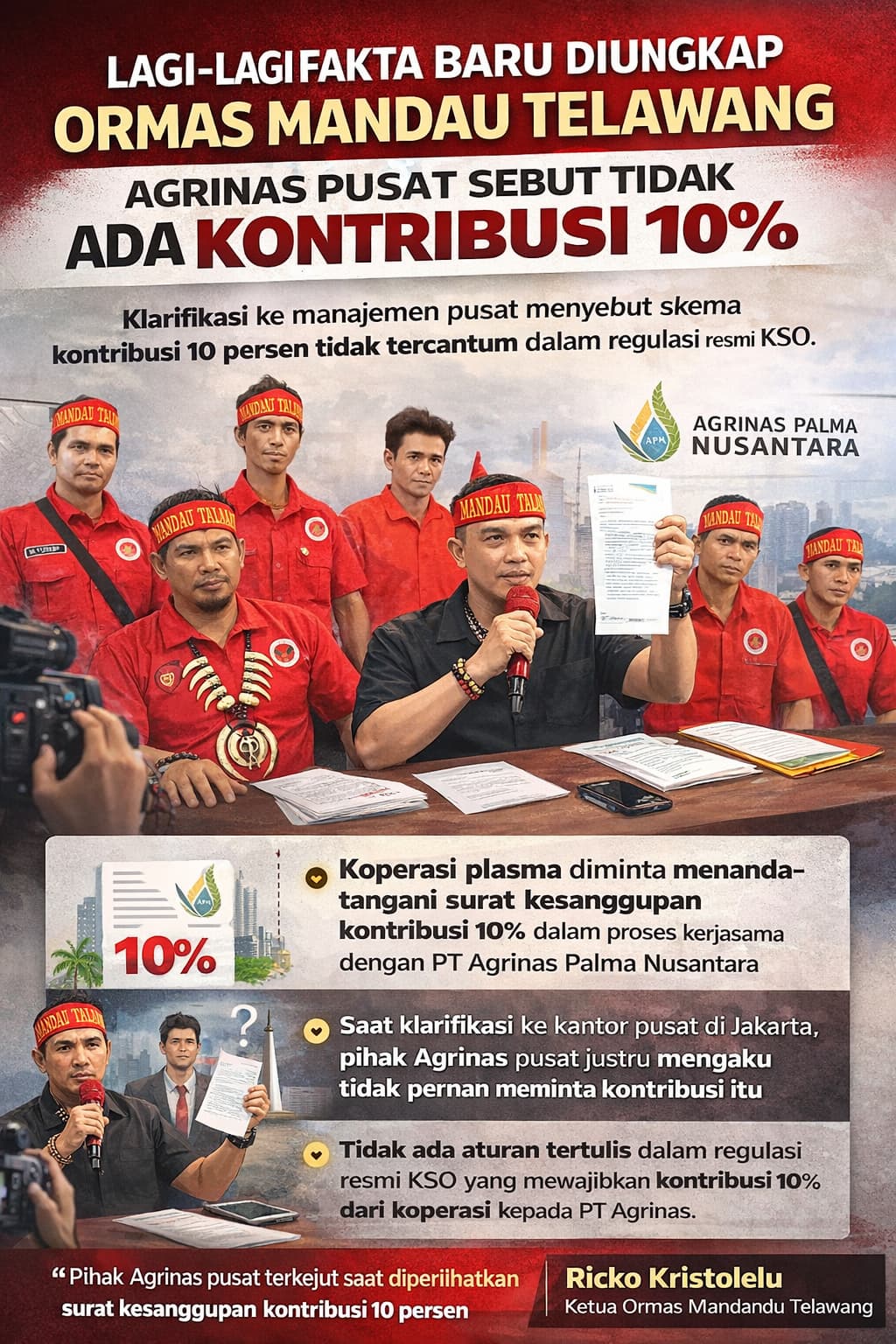 Lagi-Lagi Fakta Baru Diungkap Ormas Mandau Talawang, Agrinas Pusat Sebut Tidak Ada Kontribusi 10%